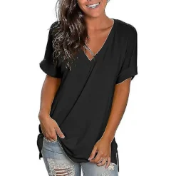 Dametøj T-shirt Sommer Tops 2022 Sommer V-hals Løstsiddende Casual Khaki Xxl