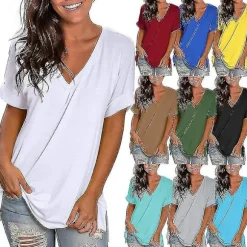 Dametøj T-shirt Sommer Tops 2022 Sommer V-hals Løstsiddende Casual Khaki Xxl