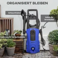 Højtryksrenser Med Ruller Inkl. 5 Stk. Tilbehør, 150 Bar Arbejdstryk, Med 6 M Højtryksslange, 1800 W, Max. Vandmængde: 510 L/H Blå