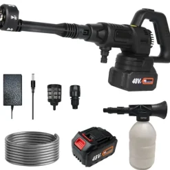 Højtryksrenser, 150W effekt, 10bar tryk, 3,6L/min vandudgang, Sort 2x Batteri, Batteridrevet