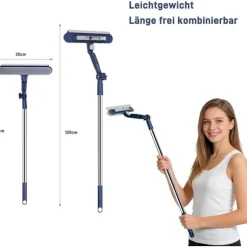 2-i-1 Udtrækkelig Vinduespudser – 120 cm Teleskopisk Skraber & Skrubber, Roterende Hoved til Vinduer, Spejle & Brusere – Blå