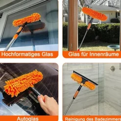 2-i-1 vinduesskraber med teleskophåndtag 4,5 m - Vinduespudsning til høje vinduer, bil, bruser, indendørs og udendørs orange