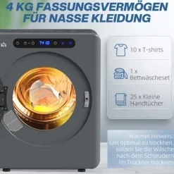 Kompakt tørretumbler, 4 kg kapacitet, 6 programmer, berøringskontrol