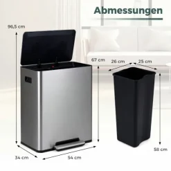 60L pedalspand i rustfrit stål med soft-close låg og dobbelte rum