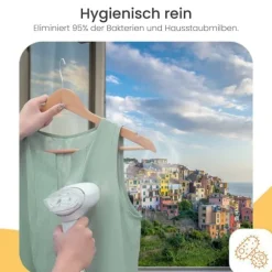 Multifunktionel tøjdamper, skånsom mod alle tekstiler, rustfri stålplade for rustfri ydeevne, inkluderer rejsetaske til brug på farten