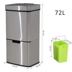 Nancy's Bozeman Prullenbak - Sensor Prullenbak - Afvalscheidingssysteem - 72 L - 3-Vaks - RVS - 42 x 30 x 81 cm - Zilver