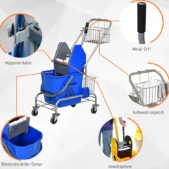 Rengøringsvogn husholdningsvogn professionel bagepressespand 26 L + opbevaringskurv blå 73L x 45W x 95H cm Aosom