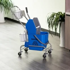 Rengøringsvogn husholdningsvogn professionel bagepressespand 26 L + opbevaringskurv blå 73L x 45W x 95H cm Aosom
