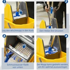 Rengøringsvogn med vridemaskine, 25 liters kapacitet, 4 hjul, gul