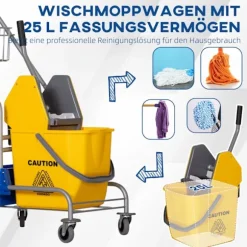 Rengøringsvogn med vridemaskine, 25 liters kapacitet, 4 hjul, gul