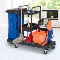 Rengøringsvogn rensevogn med 4 hjul, systemvogn til professionel rengøring, sort/blå/orange, 111x63,3x103cm