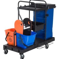 Rengøringsvogn rensevogn med 4 hjul, systemvogn til professionel rengøring, sort/blå/orange, 111x63,3x103cm
