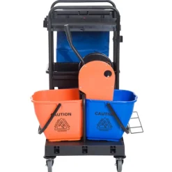 Rengøringsvogn rensevogn med 4 hjul, systemvogn til professionel rengøring, sort/blå/orange, 111x63,3x103cm