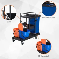 Rengøringsvogn rensevogn med 4 hjul, systemvogn til professionel rengøring, sort/blå/orange, 111x63,3x103cm