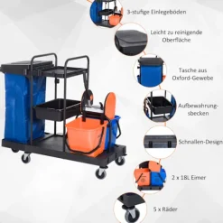 Rengøringsvogn rensevogn med 4 hjul, systemvogn til professionel rengøring, sort/blå/orange, 111x63,3x103cm