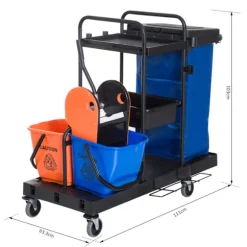 Rengøringsvogn rensevogn med 4 hjul, systemvogn til professionel rengøring, sort/blå/orange, 111x63,3x103cm