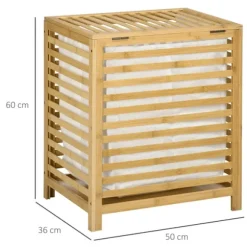 Rootz Bamboo Vasketøjskurv - Aftagelig Vasketøjspose - Vaskemaskine - Vandtæt - Ikke-vævet stof - Naturlig + Beige - 50L x 36W x 60H cm