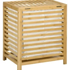 Rootz Bamboo Vasketøjskurv - Aftagelig Vasketøjspose - Vaskemaskine - Vandtæt - Ikke-vævet stof - Naturlig + Beige - 50L x 36W x 60H cm