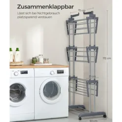 Rootz Grey Tørrestativ - Stål & Plast - Pladsbesparende design - Foldbart stativ - Stor tørrekapacitet - 64cm x 126cm x 172cm