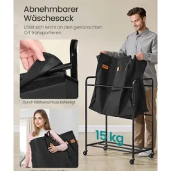 ROOTZ 170L Vaskeri Kurv - Rolling Hamper - Tøjsortering - 3 rum - Blæk sort - 69 cm x 40 cm x 91 cm