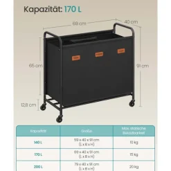 ROOTZ 170L Vaskeri Kurv - Rolling Hamper - Tøjsortering - 3 rum - Blæk sort - 69 cm x 40 cm x 91 cm
