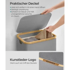 Rootz Portable Dove Grey Vasketøjskurv - Tøjkurv - Sammenklappelig opbevaringsbeholder - 600D Oxford-stof - Bambusramme - Letvægts - 42 cm x 32 cm x 7 | Fyndiq