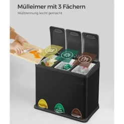 Rootz 3-rums pedalspand - Genbrugsspand - Skraldespand - Lufttæt forsegling - Premium-materiale - Separate rum - Praktisk håndtag - Aftagelige indvend | Fyndiq