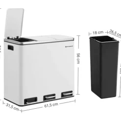 Rootz skraldespand 54L - Affaldssepareringssystem - 3 x 18 l - Pedalspand - Affaldsseparering skraldespande - Rustfrit stål - Hvid