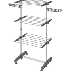 Rootz Tørrestativ - Tøjlufter - Tørretumbler - 4 niveauer - Sammenfoldelig - Et-klik-system - Rustfrit stål - Blå - Sølv - 142cm X 55cm X 152cm