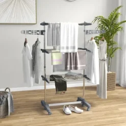 Rootz Tørrestativ - Tøjlufter - Tørretumbler - 4 niveauer - Sammenfoldelig - Et-klik-system - Rustfrit stål - Blå - Sølv - 142cm X 55cm X 152cm