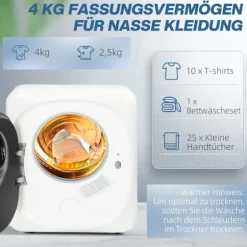 Rootz Tumble Dryer - Tøjtørrer - Ventet tørretumbler - UV -desinfektion - Kompakt 4 kg kapacitet - 48 cm x 40 cm x 56 cm - Rustfrit stål - Hvid