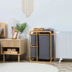 Rootz vasketøjskurv - Bambus vasketøjskurv - 3 aftagelige kurve - Naturgrå - 50 cm x 32 cm x 69,7 cm