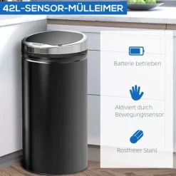 Sensor skraldespand 42L, elektrisk automatisk skraldespand med låg, rustfri, til badeværelse, kontor, køkken, spisestue, stål, sort