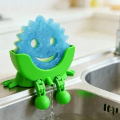 Smiley Face Svampeholder - Opvaskesvampestativ med dræn - Køkkenvask Organizer Stor 14x8x5.5cm (Svampe medfølger ikke) green