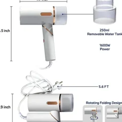 Tøjdamper Håndholdt 1600W, 250ML Vandtank, 2-i-1 Foldbar, 20s Hurtig Opvarmning