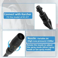Trykspylerlanse, 150Bar lansetilbehør til Karcher k2 k3 k4 k5 k6 k7 Trykvask Tilbehør med justerbar dyse KLB