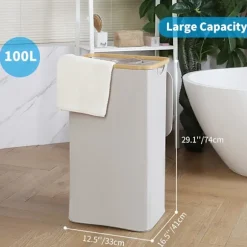 Vasketøjskurv Stor Vasketøjskurv med låg, 100L Stor Vasketøjskurv med Bambushåndtag til Tøj, XXL Sammenklappelig Vasketøjskurv med Beige Inderpose