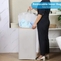 Vasketøjskurv Stor vasketøjskurv med låg, 100L stor vasketøjskurv med bambushåndtag til tøj, XXL sammenklappelig vasketøjskurv med beige inderpose