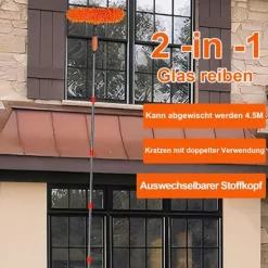 Vindues skraber 2-i-1 med teleskophåndtag 4,5 m - Vinduespudsning til høje vinduer, bil, brusebad, indendørs & udendørs orange orange
