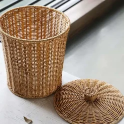 Yhsqv-vævet Kurv Affaldsspand Rund Rattan Affaldskurv Med Låg Plantekasse Vævede Kurve Flet Affaldskurv