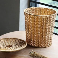 Yhsqv-vævet Kurv Affaldsspand Rund Rattan Affaldskurv Med Låg Plantekasse Vævede Kurve Flet Affaldskurv
